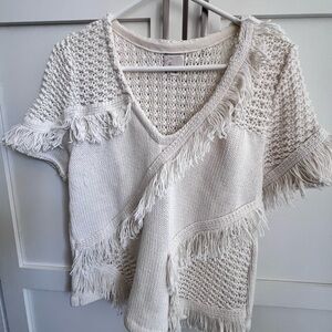 Anthropologie white fringe v neck short sleeve sweater